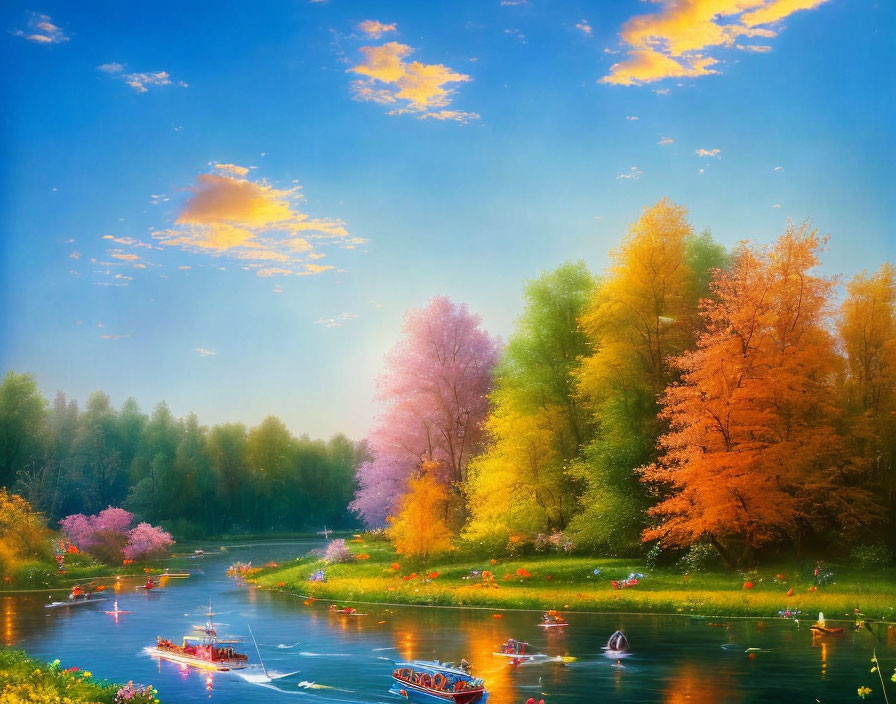 Tranquil river scene with autumn trees, boats, swans, and pastel sky