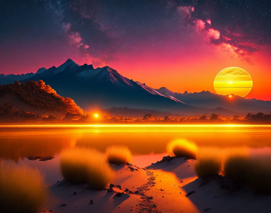 Surreal landscape with radiant sun setting behind mountains