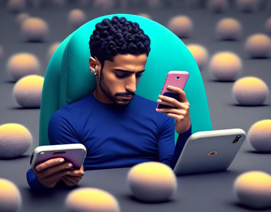 Individual Surrounded by Smartphones on Patterned Surface With Blue Light