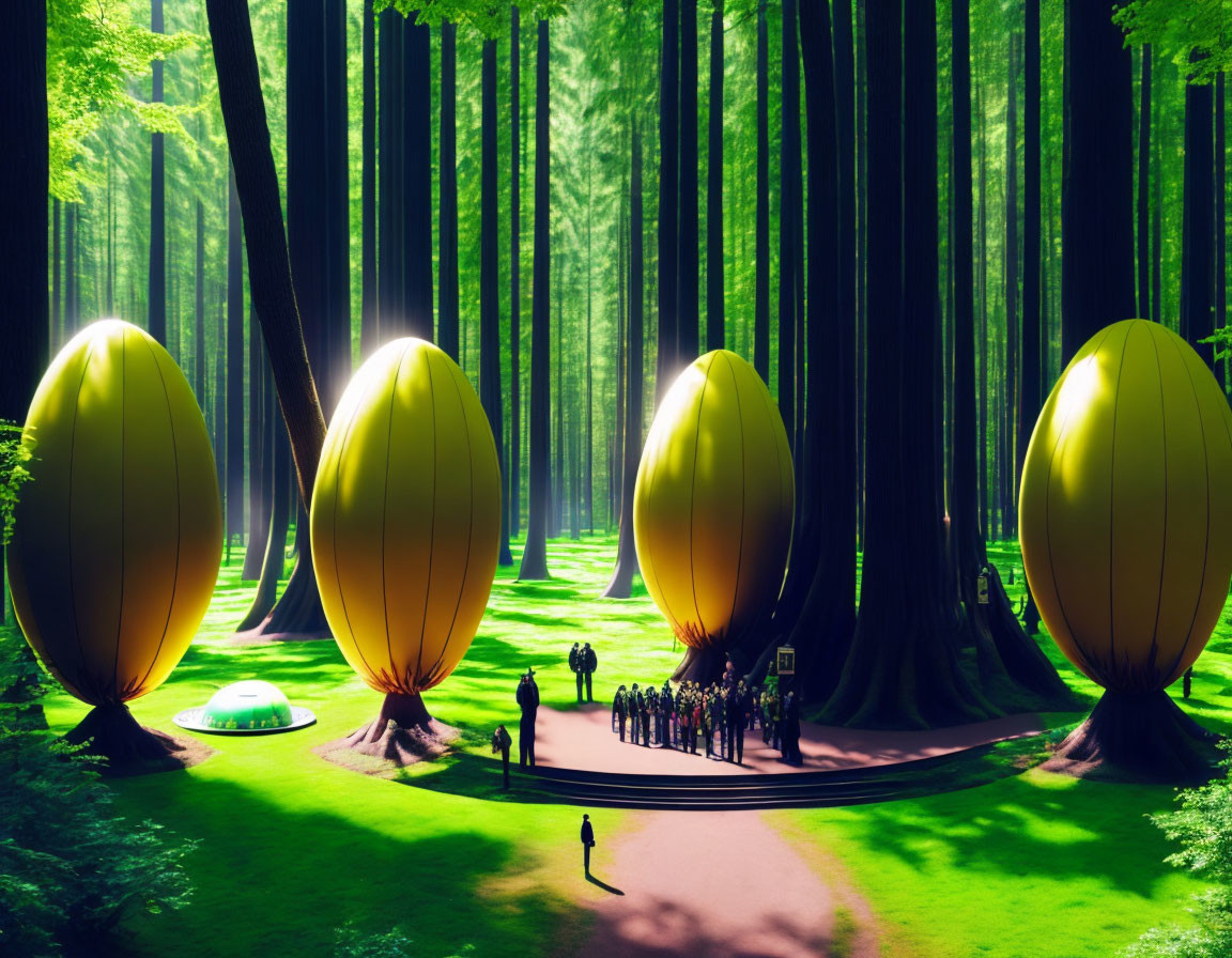 Enchanted forest with glowing golden eggs and group of people on path