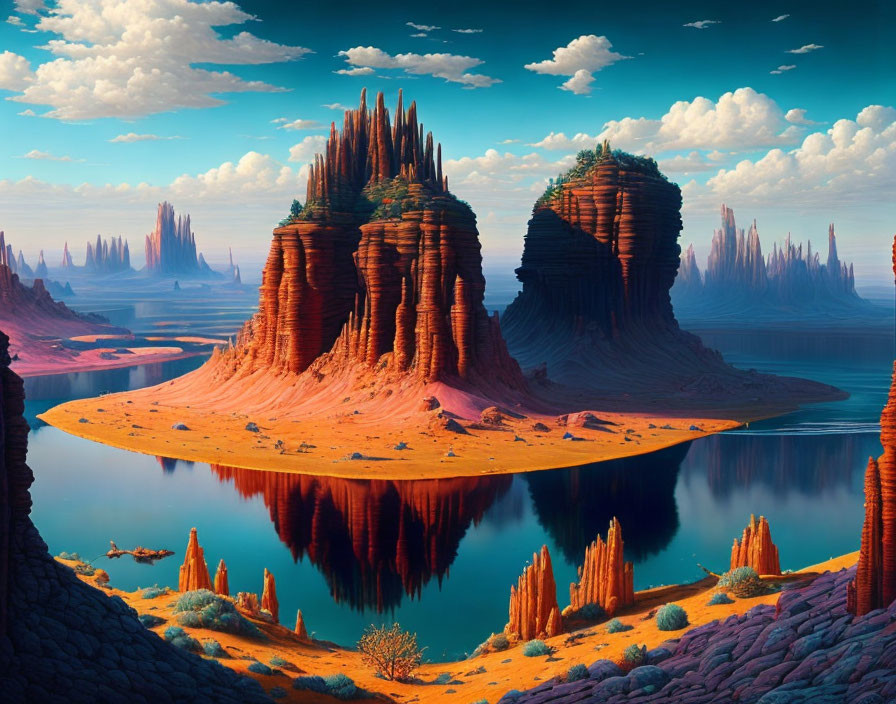 Vibrant digital art landscape: tall red rock formations, serene blue lake, desert vegetation, clear