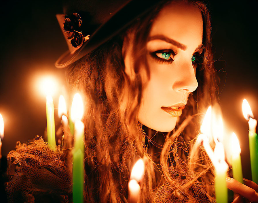 Woman with Green Eyes and Curly Hair Surrounded by Lit Candles