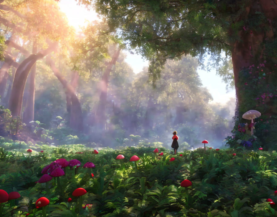 Person in lush forest with red mushrooms and sunlight