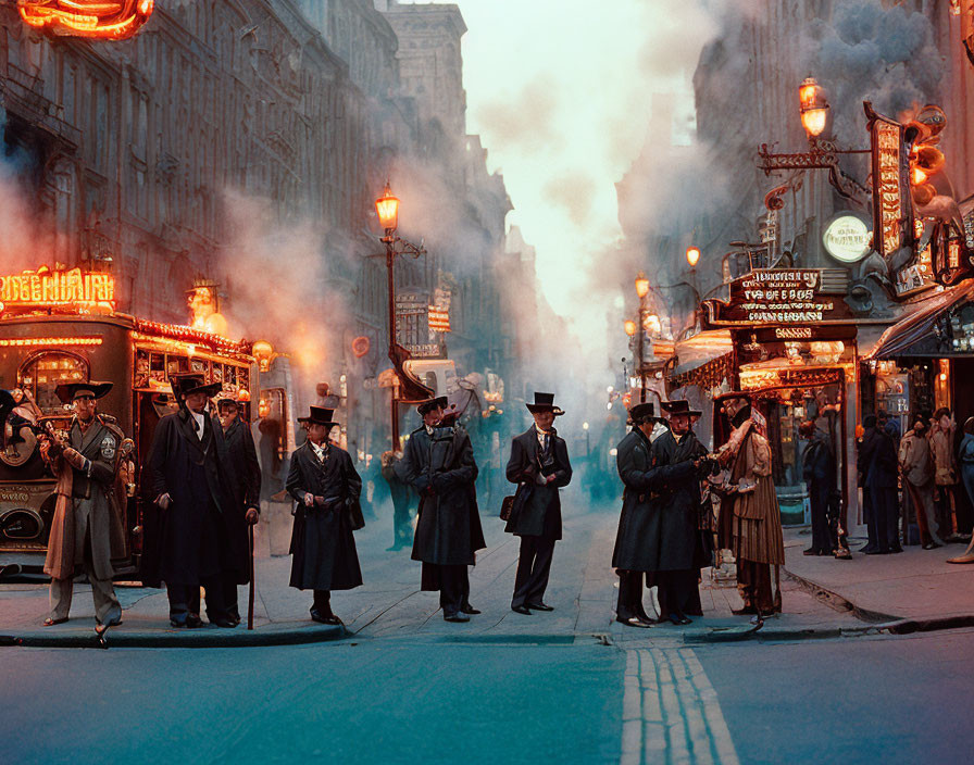 Men in vintage clothing crossing misty, lamp-lit street with theater marquees