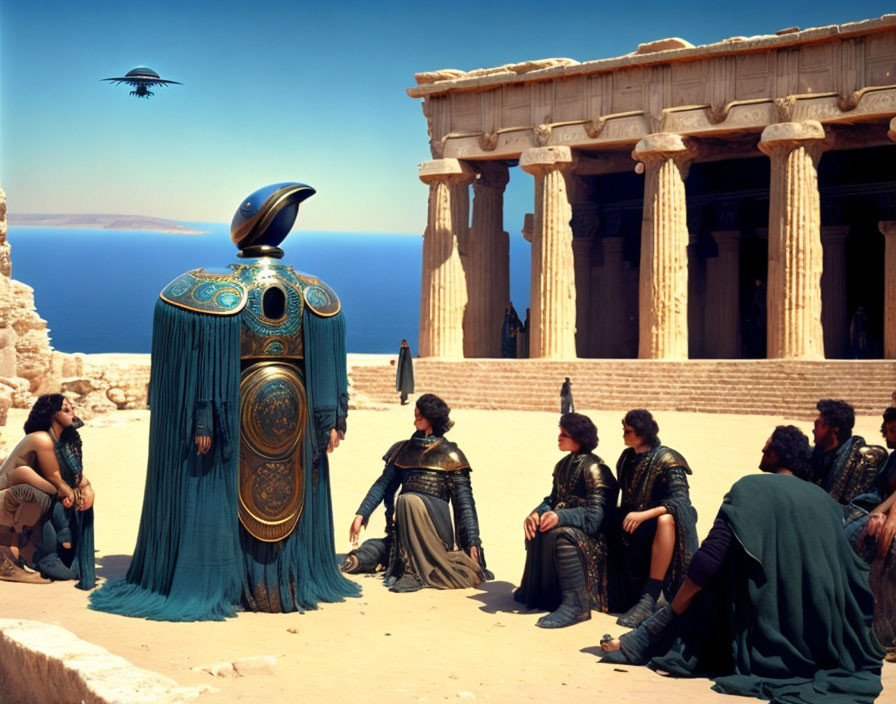 Ancient Greek-themed artwork featuring people and bird-headed figure by ruins and ocean.