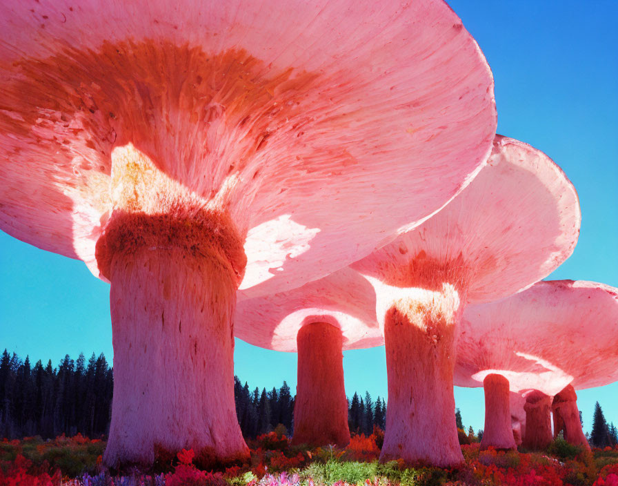 Surreal landscape with giant pink mushrooms and vibrant flowers