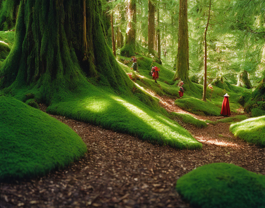 Verdant forest canopy with figures in red cloaks