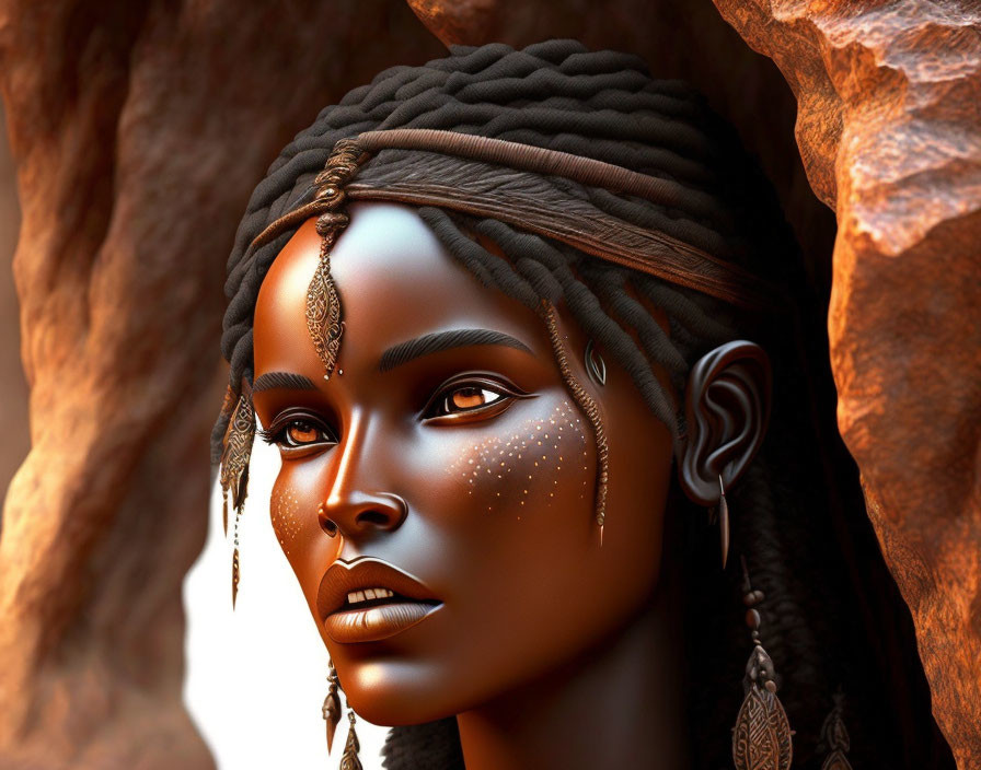 Digital artwork: Woman with braided hair and tribal jewelry on warm rocky background