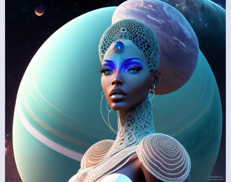 Futuristic digital artwork: Blue-skinned woman with white patterns in cosmic setting