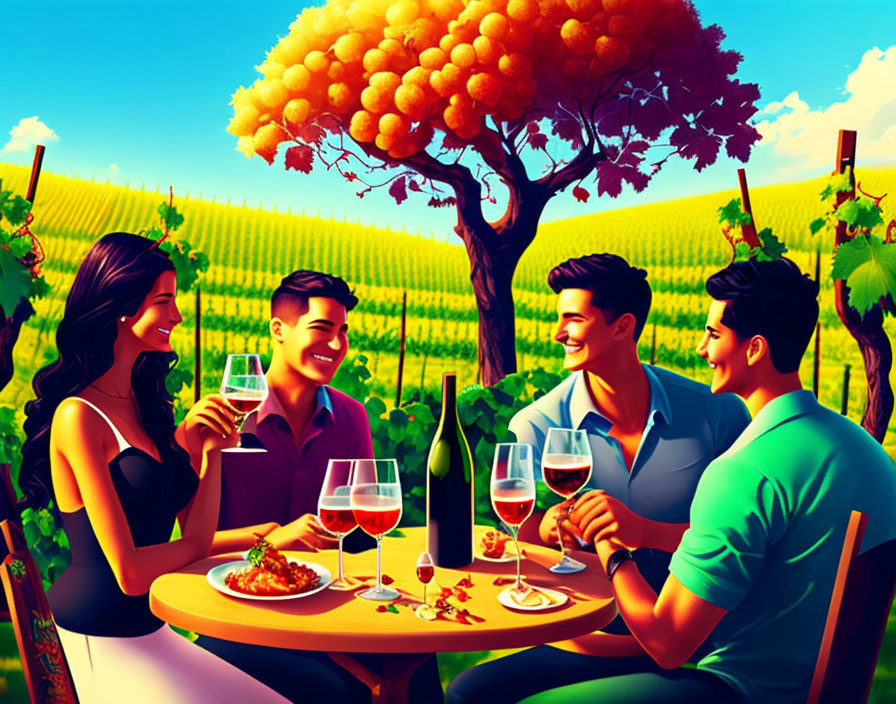 Animated friends have a wine tasting in a sunny vineyard