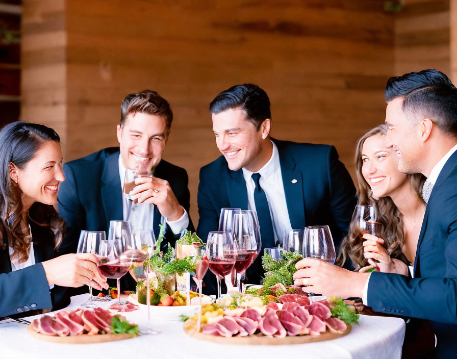 Five well-dressed individuals socializing over wine and charcuterie at a dining table.