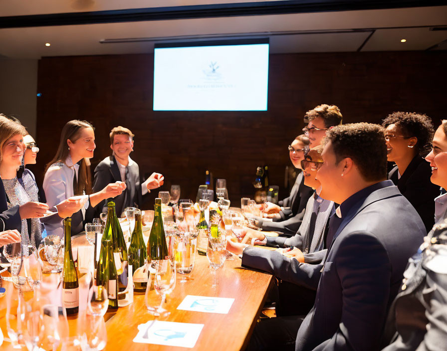 Professionals chatting at table with drinks and presentation screen