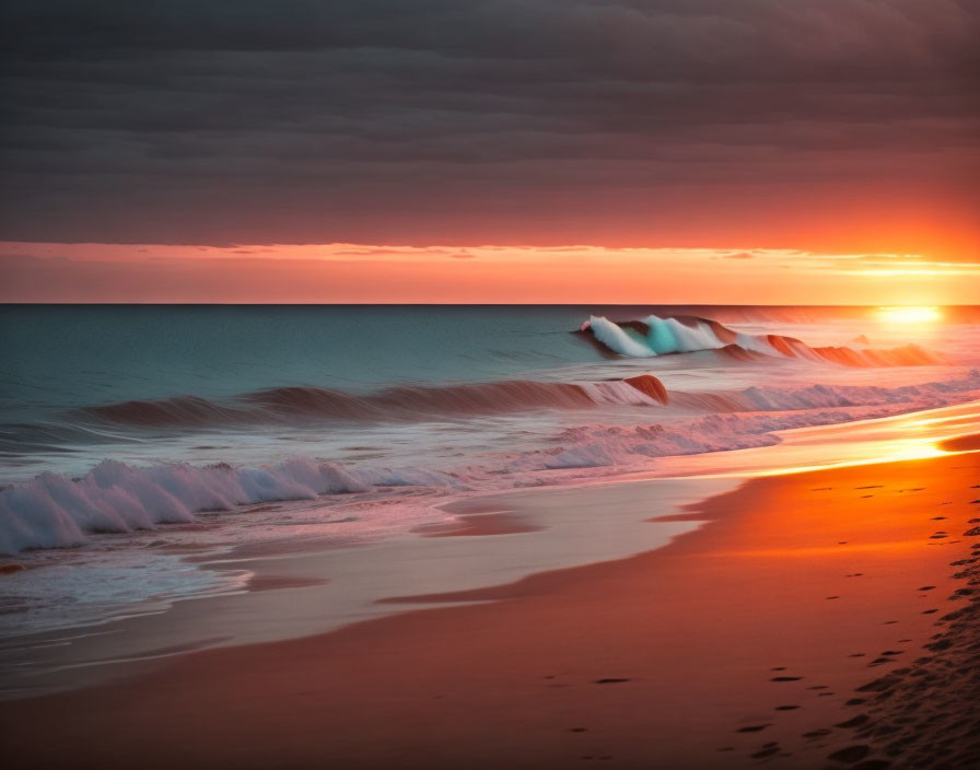 Tranquil beach sunset with orange sky and gentle waves