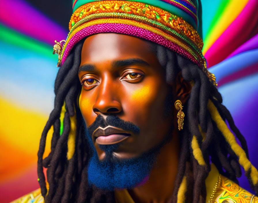 Man with Dreadlocks in Colorful Rasta Hat on Rainbow Background