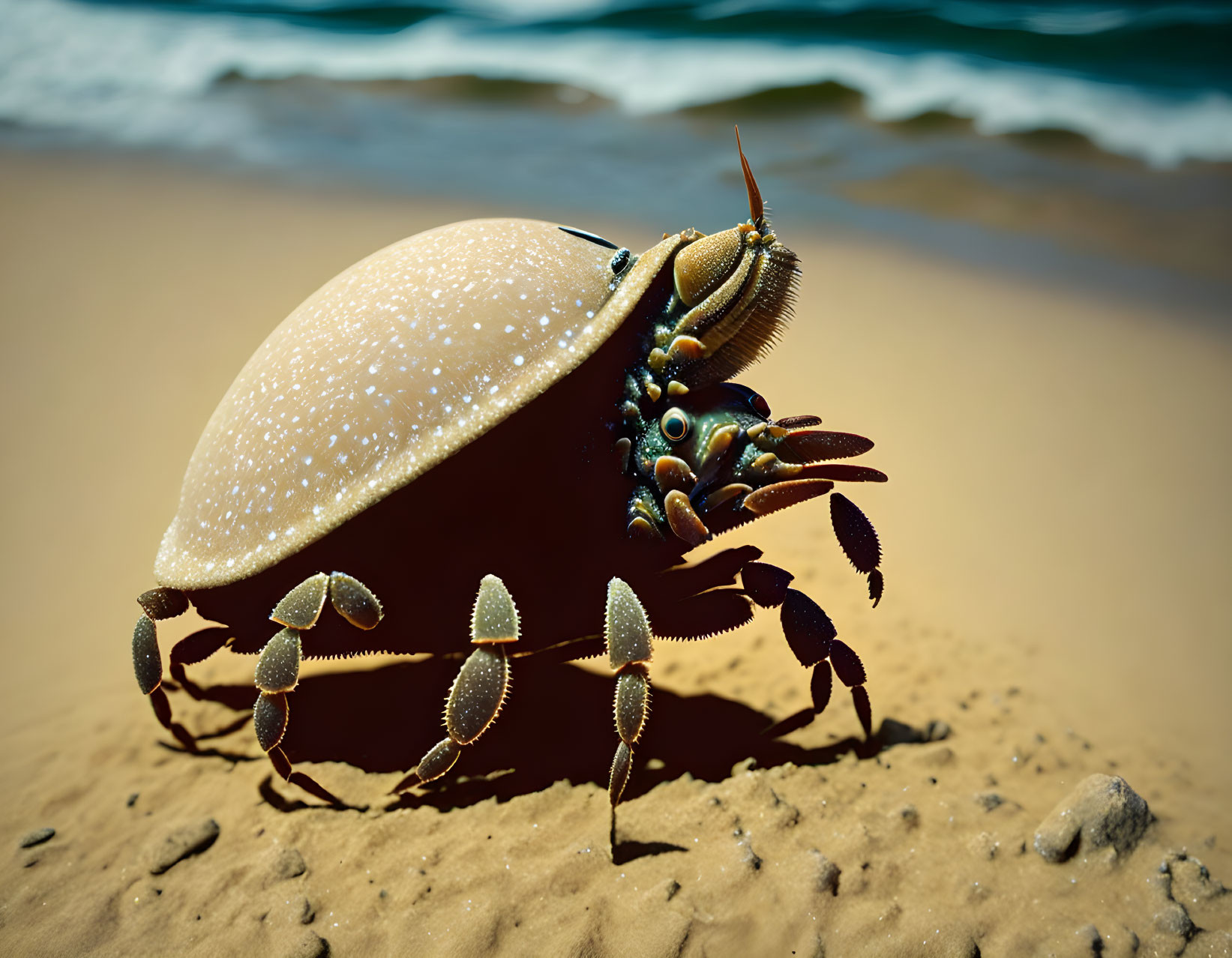 Speckled shell hermit crab on sandy beach with waves