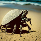 Speckled shell hermit crab on sandy beach with waves