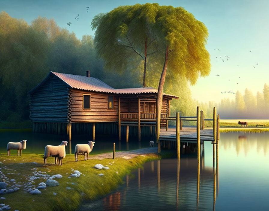 Tranquil lakeside scene with cabin, dock, sheep, birds in forest