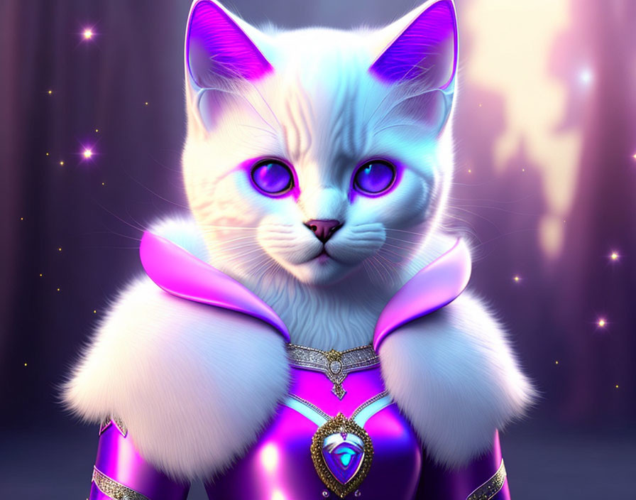 Digital Artwork: Majestic White Cat in Purple Cloak with Gem Necklace