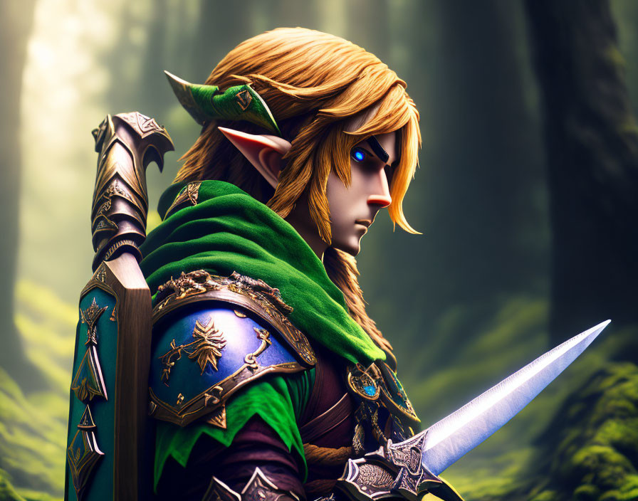 Elf Warrior in Green Armor Wielding Sword in Misty Forest