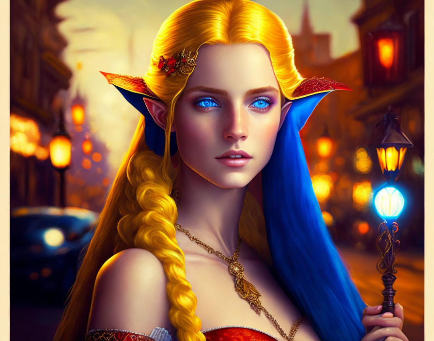 Fantasy female character with pointed ears, blue hair, and golden elfin jewelry on city street at