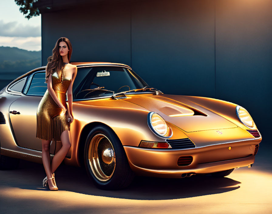 Woman in Gold Dress Poses with Classic Gold Porsche in Golden-hour Light