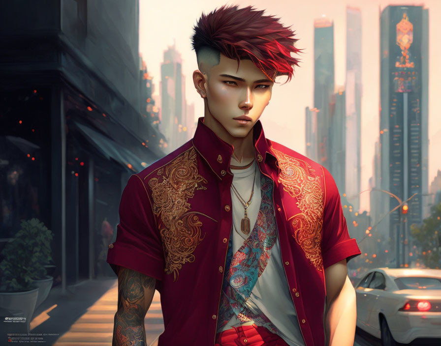 Stylish person with red mohawk and tattoos in embroidered shirt on futuristic urban street