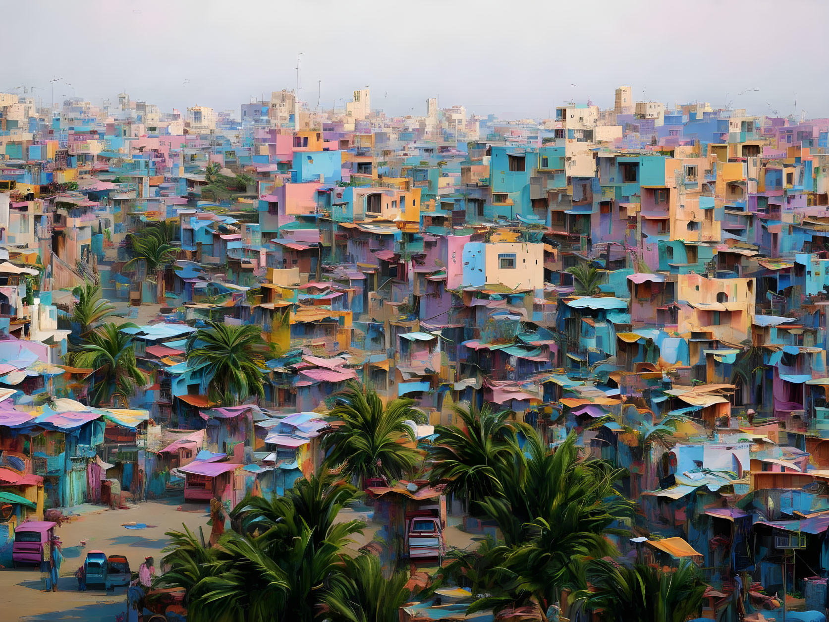 Colorful Urban Area with Dense Buildings and Greenery Under Hazy Sky