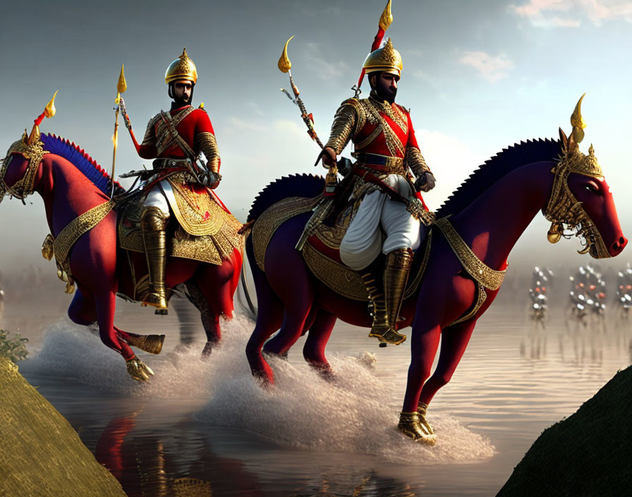 Armored warriors on horseback with elaborate red and blue trappings in shallow water