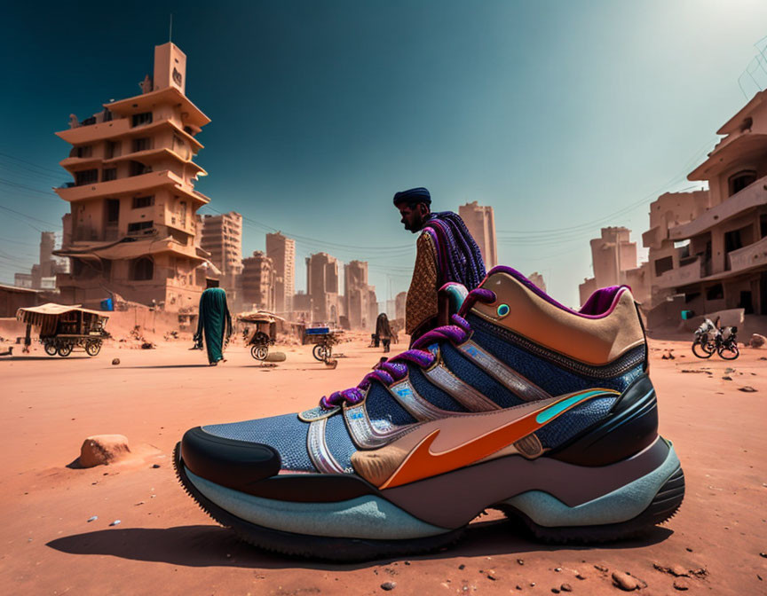 Large Sneaker in Desert City Scene with Man and Buildings