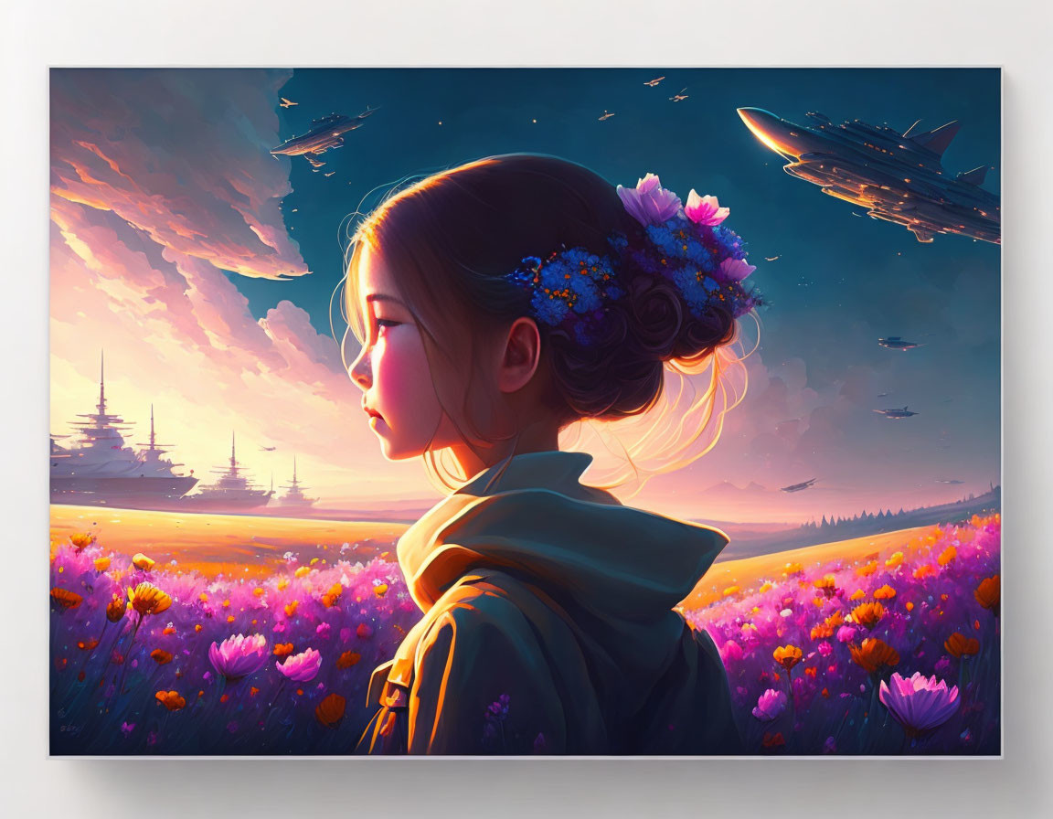 Young girl admiring flower-filled landscape with futuristic ships under dramatic sunset.