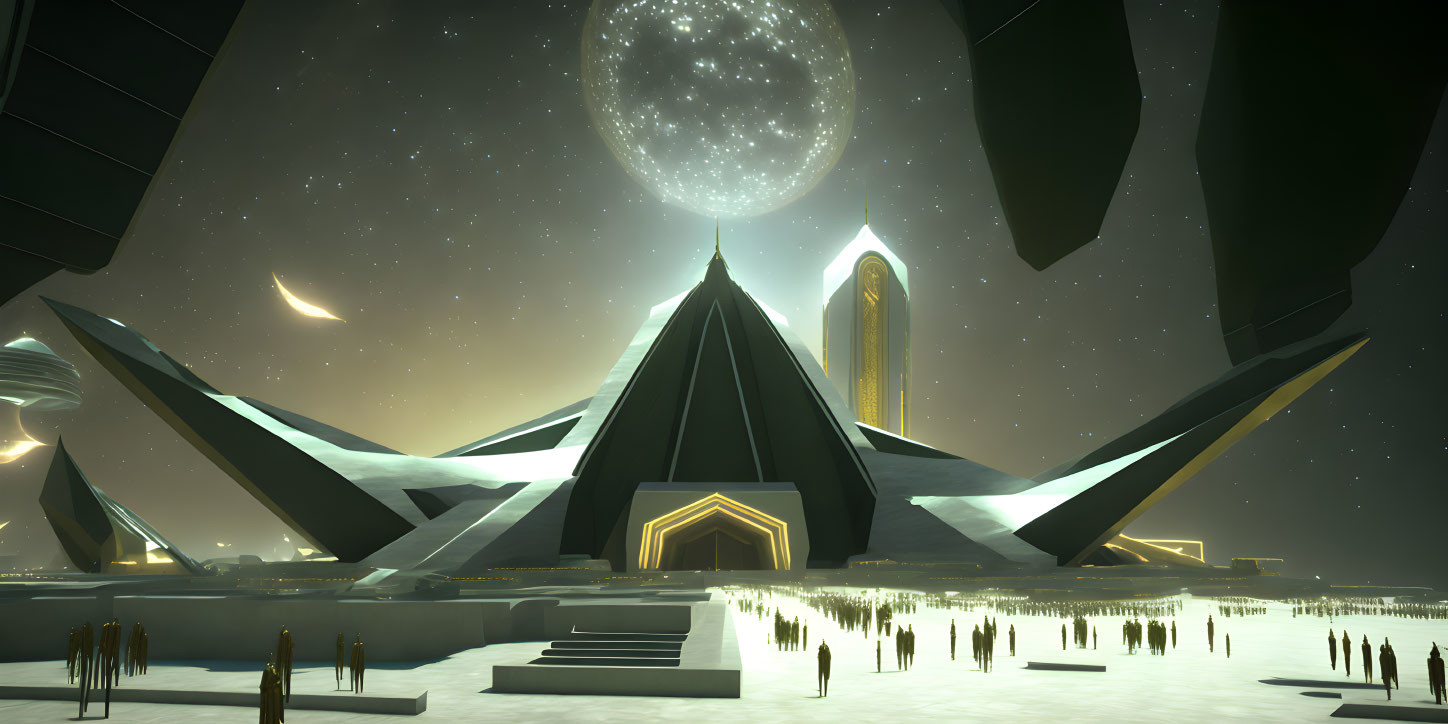 Futuristic complex with pyramid-like structures under starry sky and moon, lit pathways, small figures