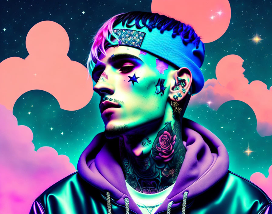 Colorful portrait of person with tattoos and piercings in neon sky.