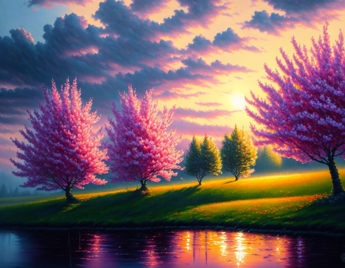 Tranquil river sunset with pink blossoming trees and purple-clouded sky