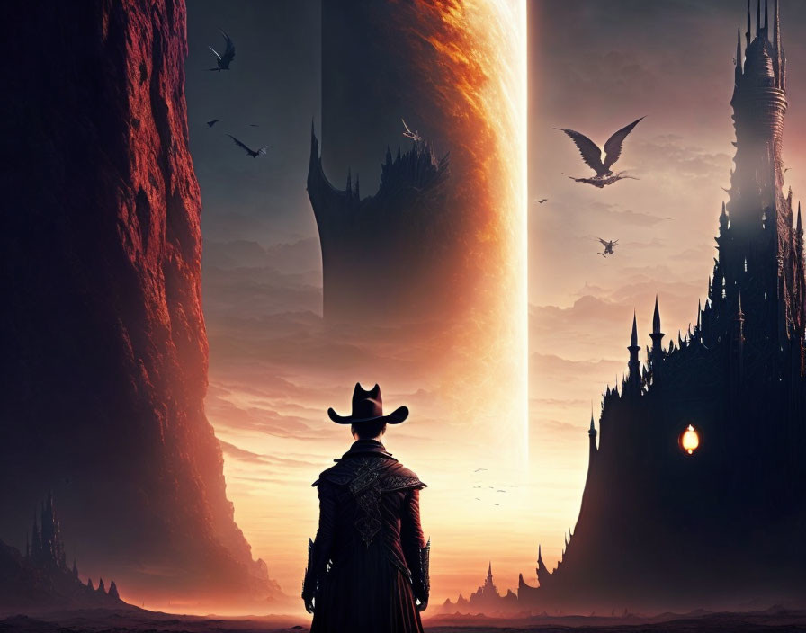 Cowboy in surreal landscape with massive rocks, fantasy castle, and flying creatures