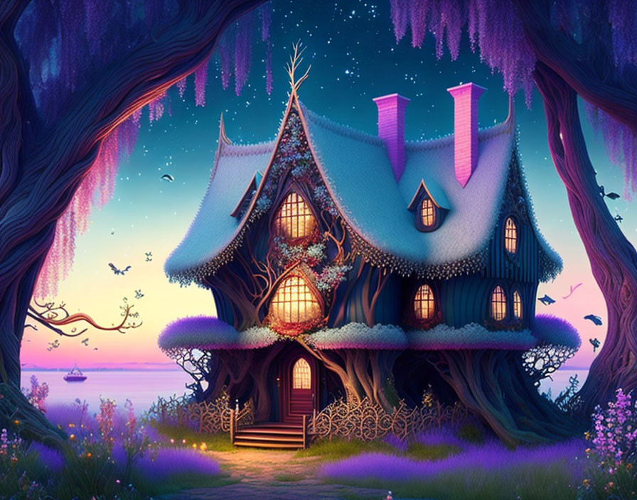 Enchanted fairytale cottage in magical purple forest