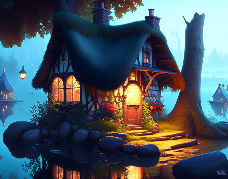 Storybook Cottage with Thatched Roof by Serene Lake at Twilight