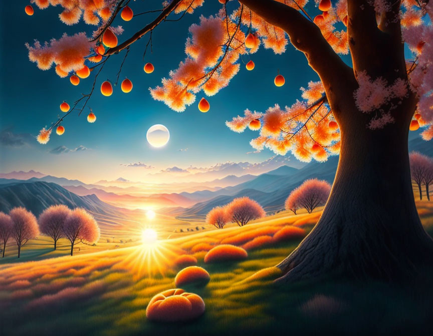 Colorful sunset over fluffy tree foliage and rolling hills in surreal landscape