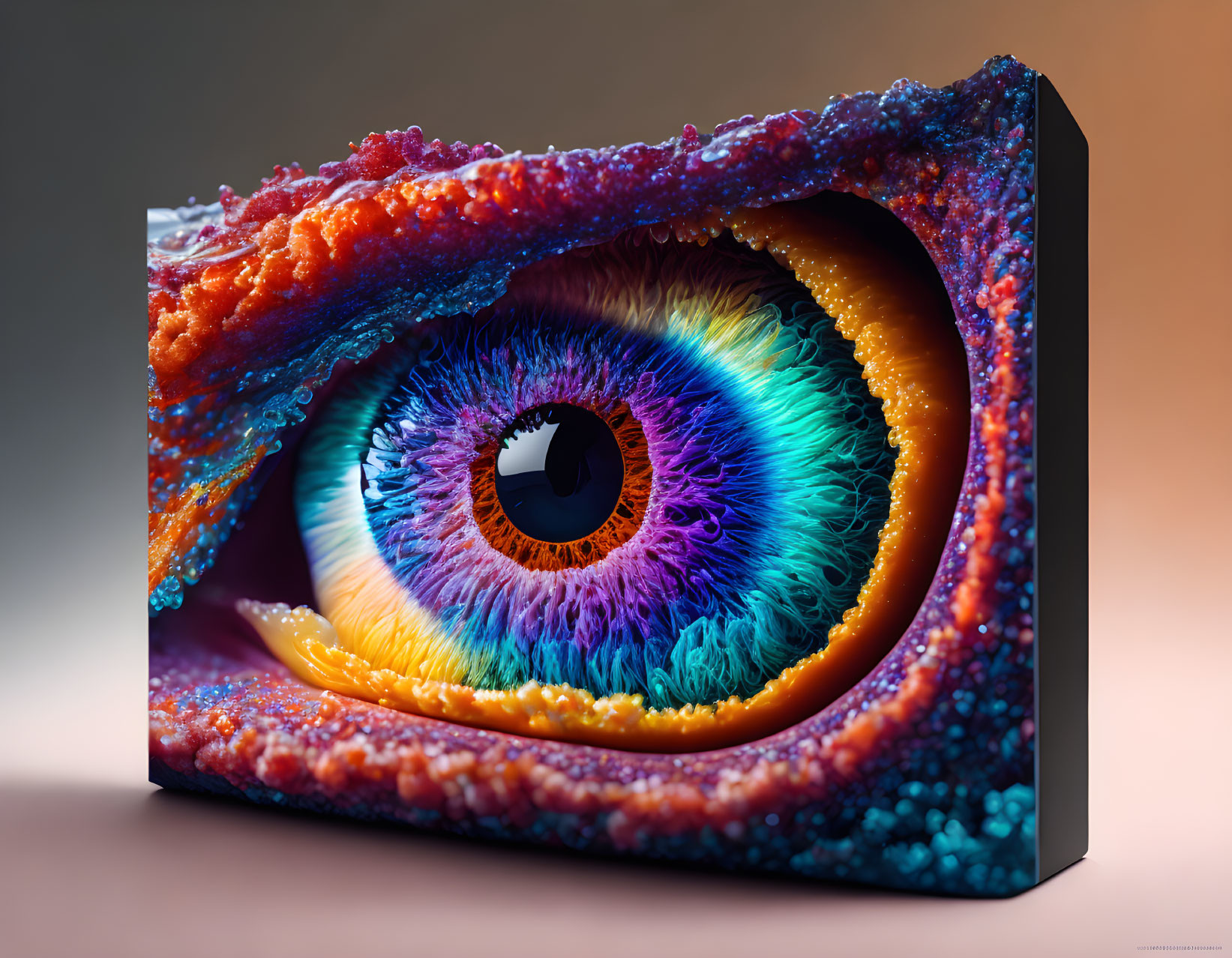 Hyper-realistic 3D human eye illustration with textured iris on canvas.