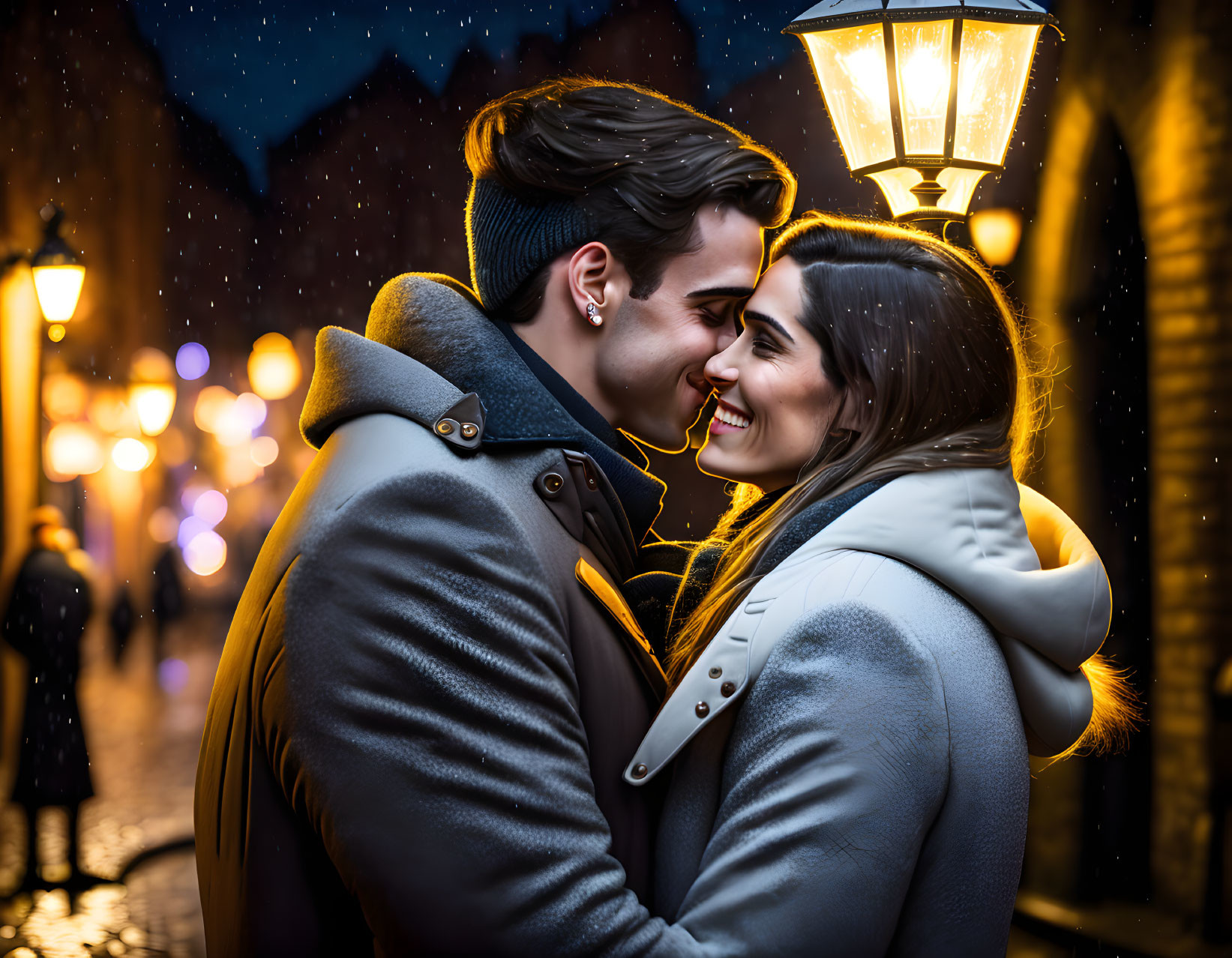 Romantic couple embracing on snowy cobblestone street at night