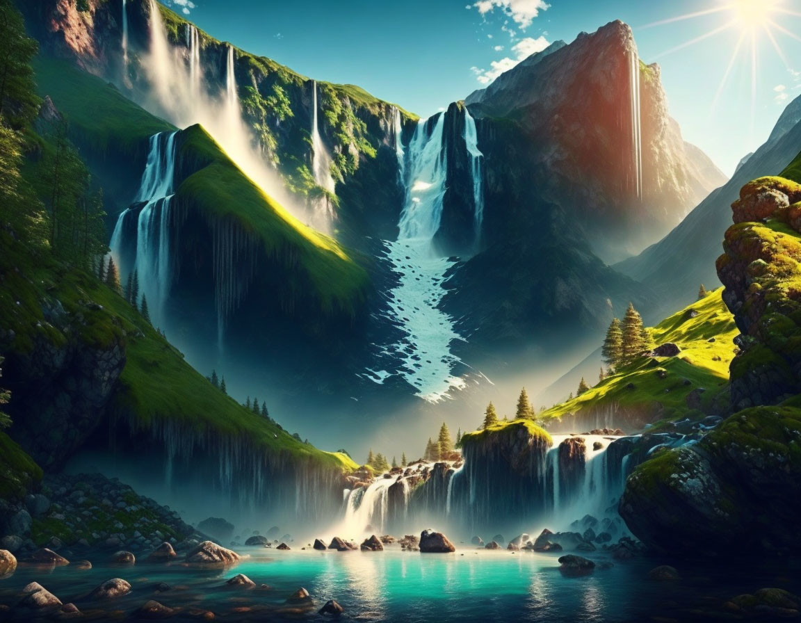 Scenic green valley with waterfalls, blue sky, and turquoise lake