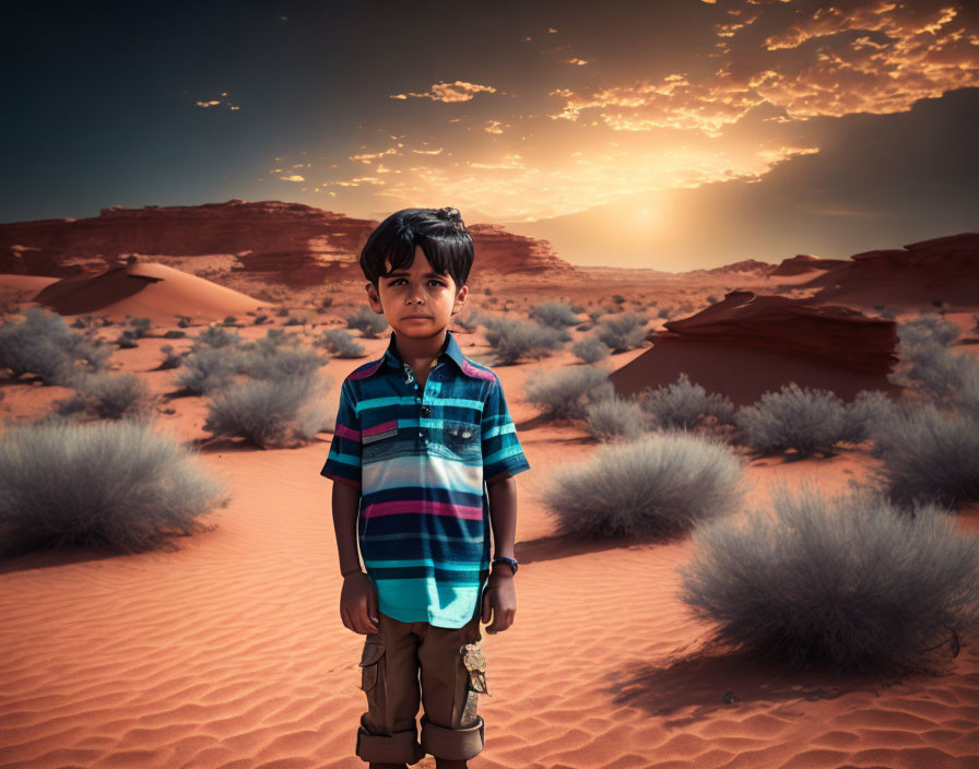 Young boy in striped outfit standing in desert at sunset