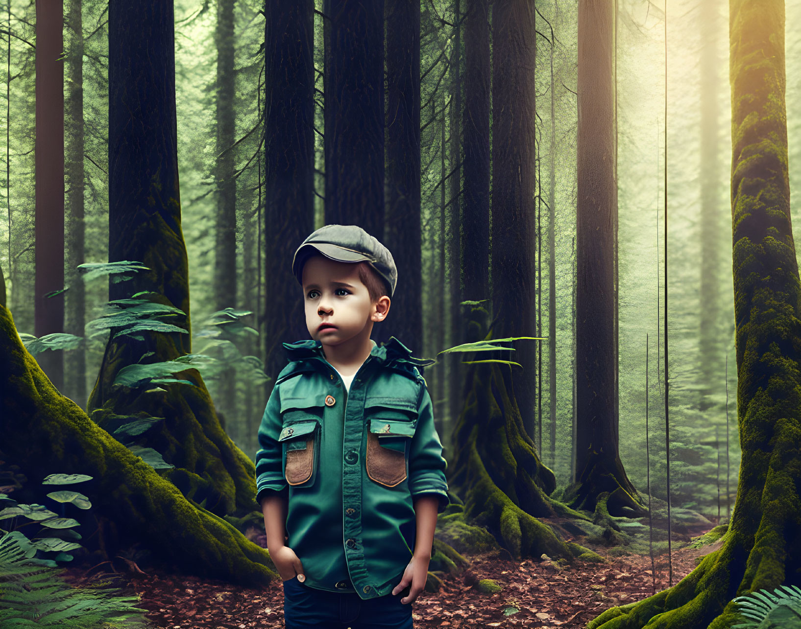 Child in cap and green jacket in misty forest with tall trees and ferns