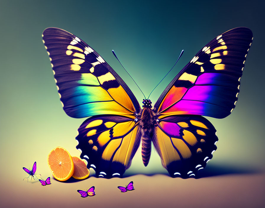 Colorful Butterfly with Blue, Yellow, and Black Wings Next to Sliced Orange