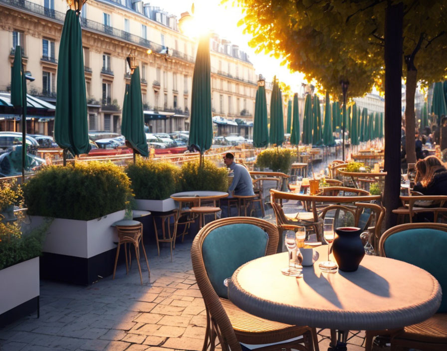 Tranquil outdoor cafe scene with sunlight, empty chairs, and lone figure.