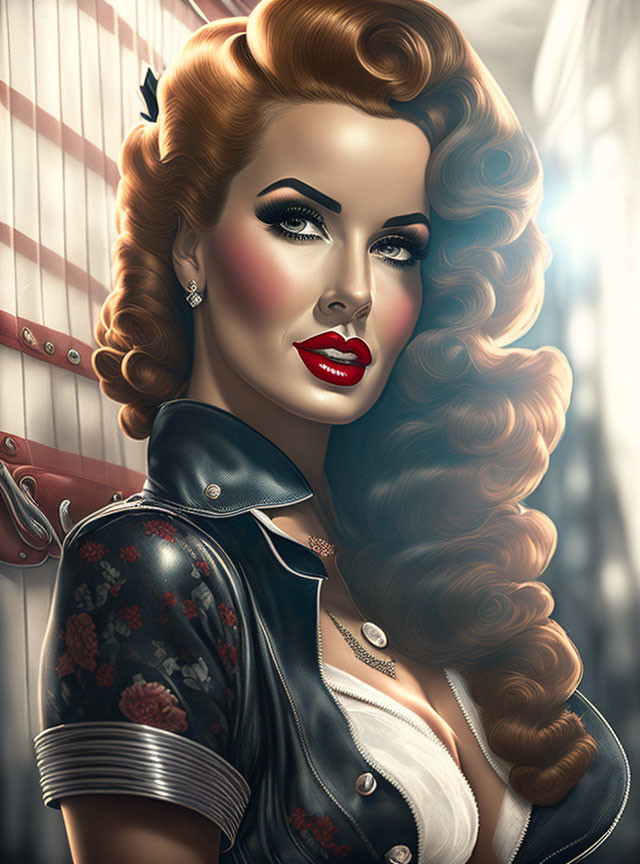 Digital portrait of a woman with curly hair, red lipstick, and floral leather jacket.