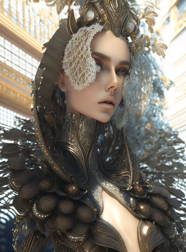 Regal figure with golden headpiece and lace details