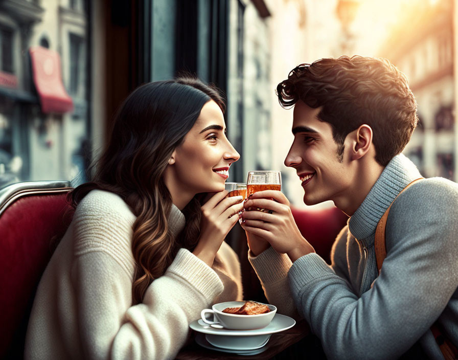 Couple enjoying drinks at cozy cafe table with pastry and coffee.