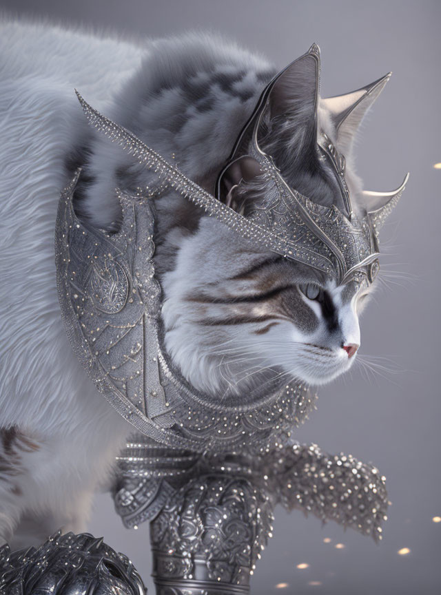 Majestic cat in medieval knight's armor gazes sideways