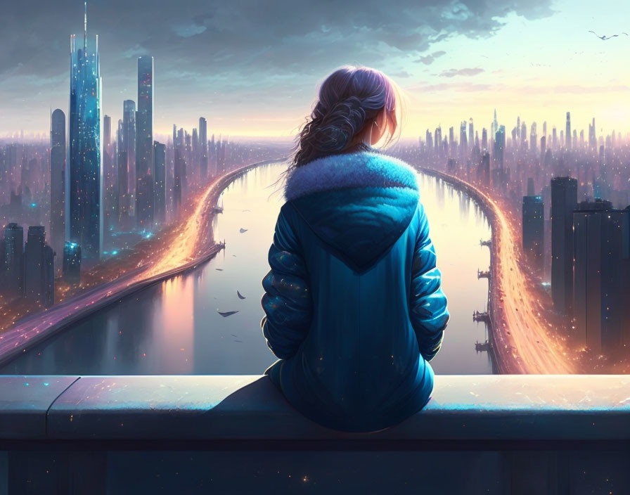 Person overlooking futuristic city with skyscrapers and glowing river at twilight.