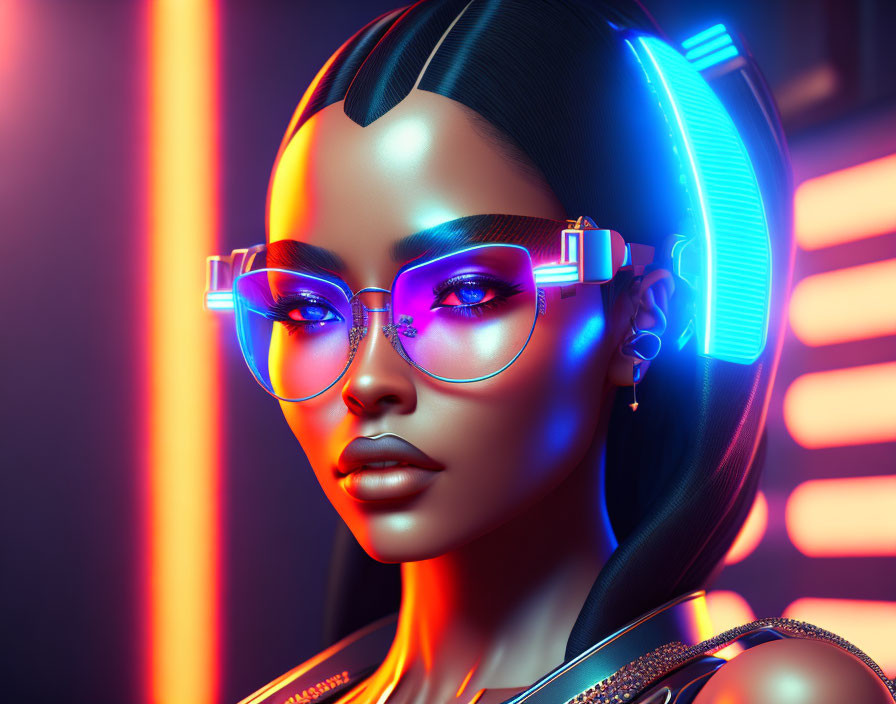 Futuristic digital art portrait with neon lights and cyberpunk vibe